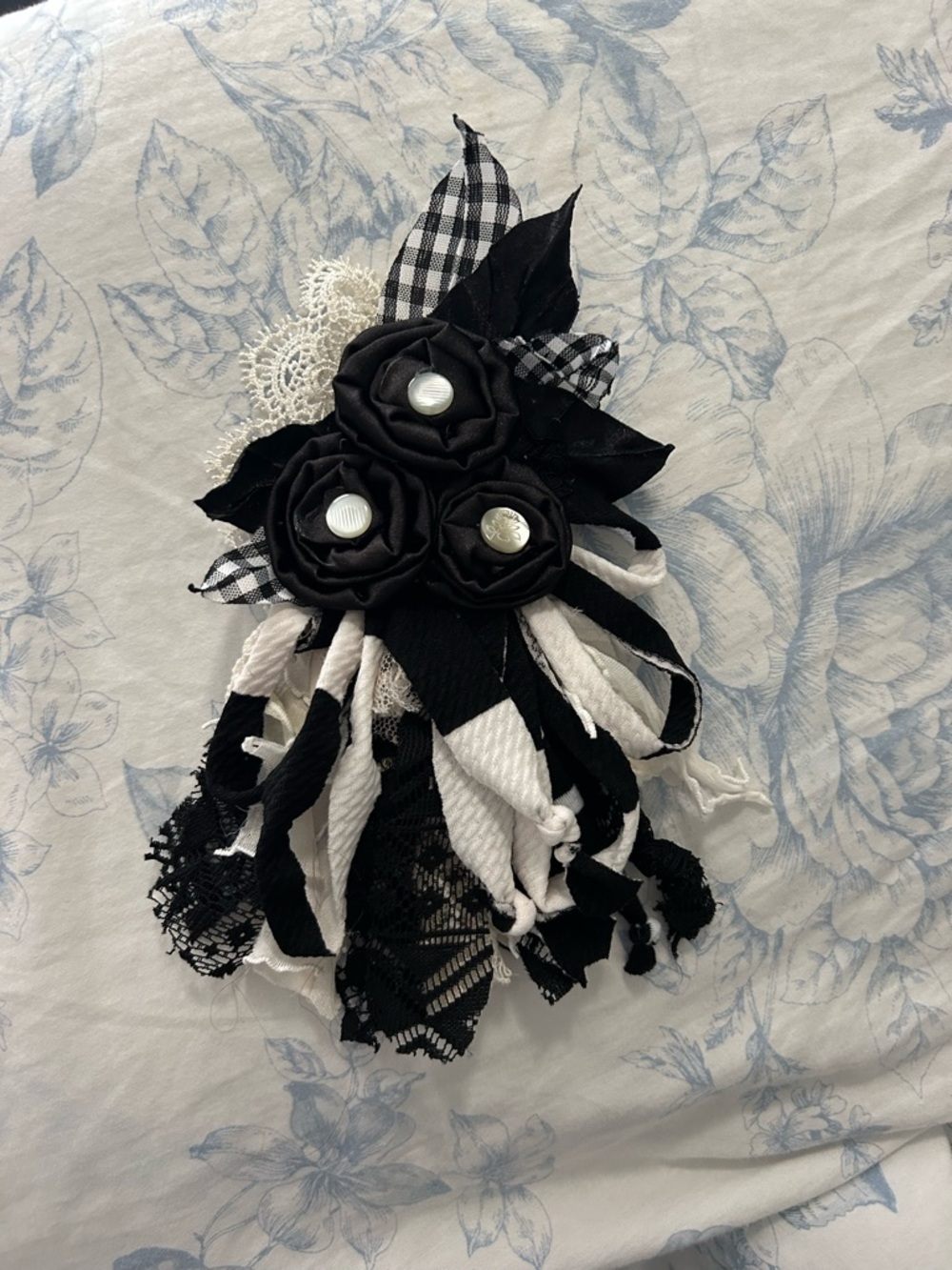 Handmade Black & White Floral Fabric Brooch